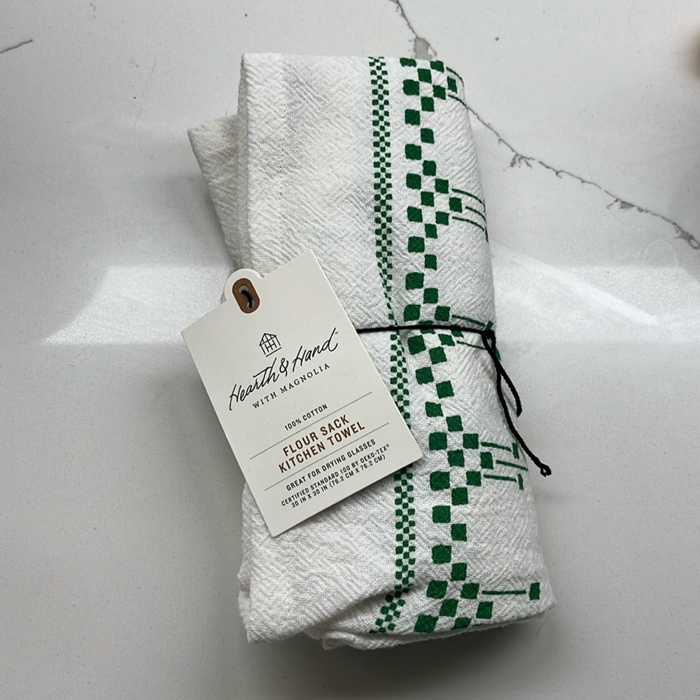 Hearth & Hand with Magnolia Ornate Border Flour Sack Kitchen Towel Green Cream